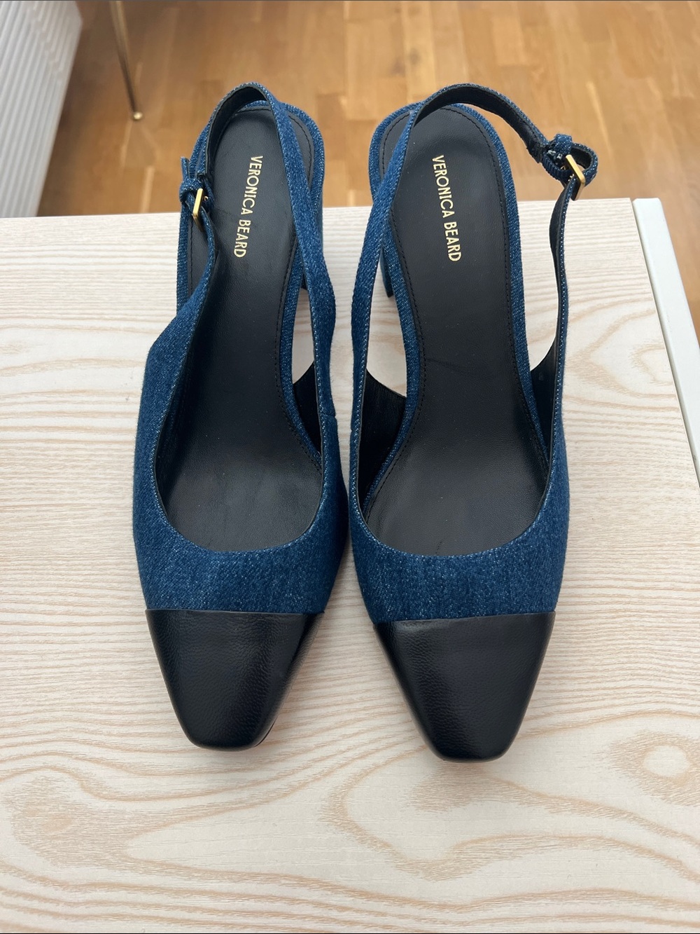 Veronica Beard Denim and Black Cap-Toe Slingback Mules